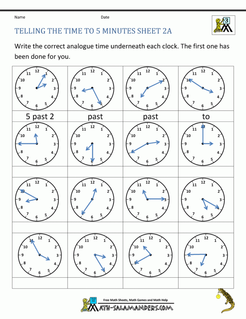 Telling Time Clock Worksheets To 5 Minutes