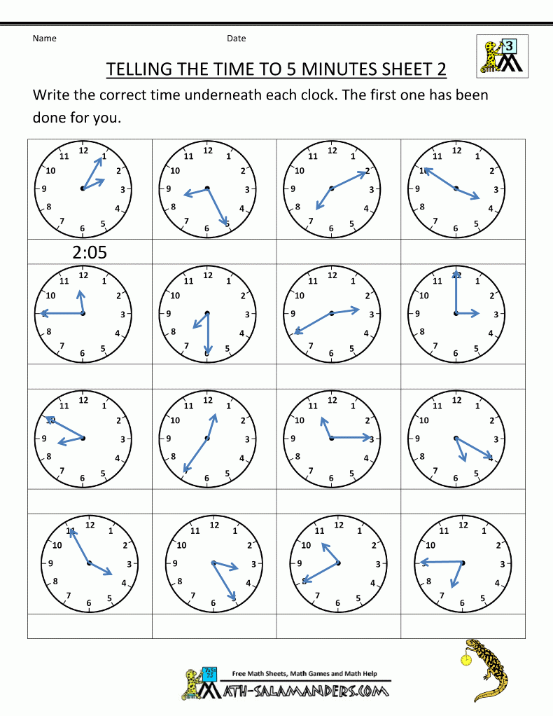 Telling Time Clock Worksheets To 5 Minutes Time Worksheets Clock 