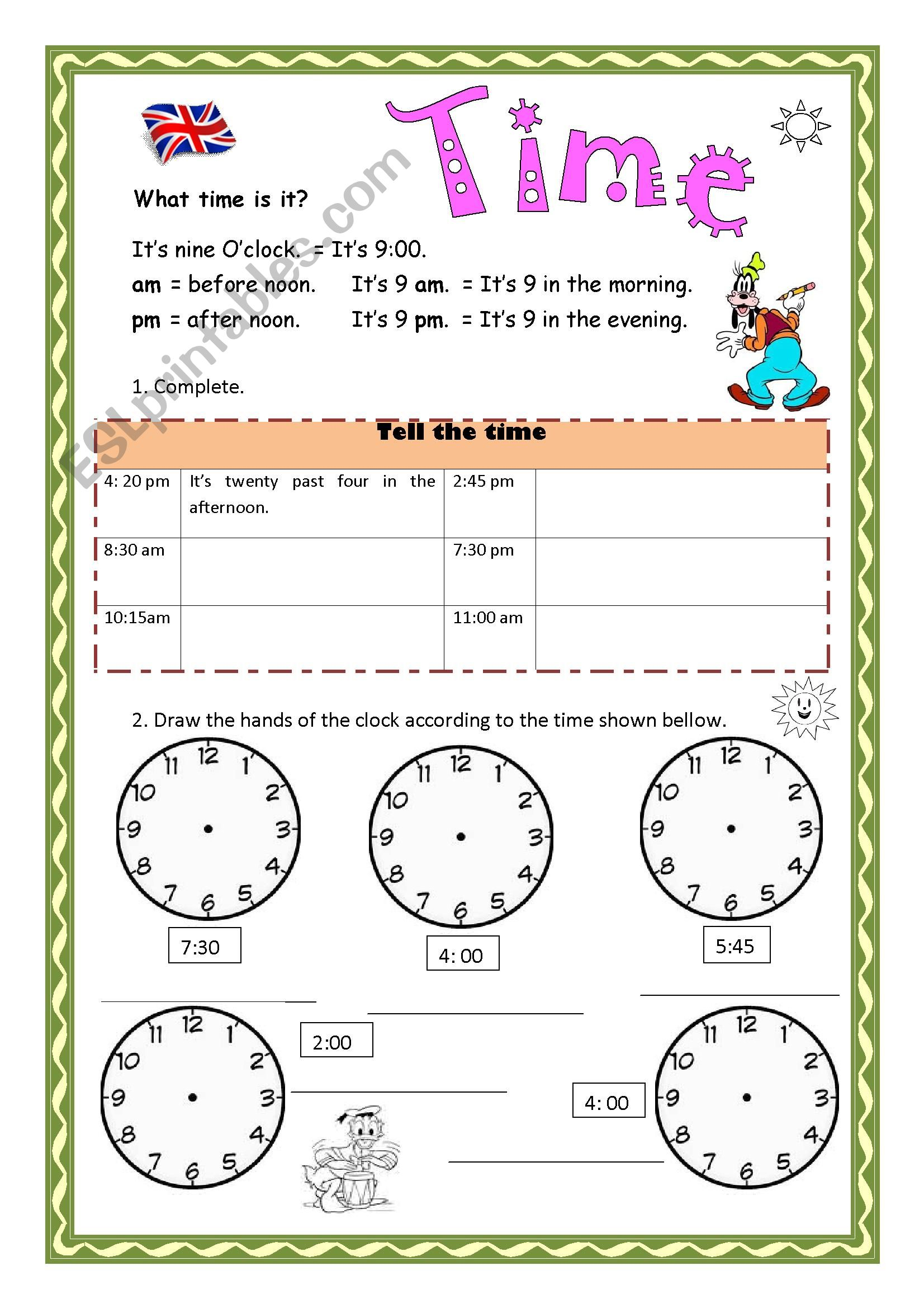 Time Telling Worksheets Esl