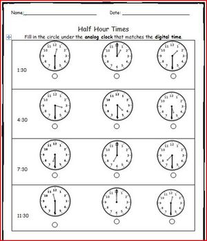 Telling Time Half Hour Matching Worksheets