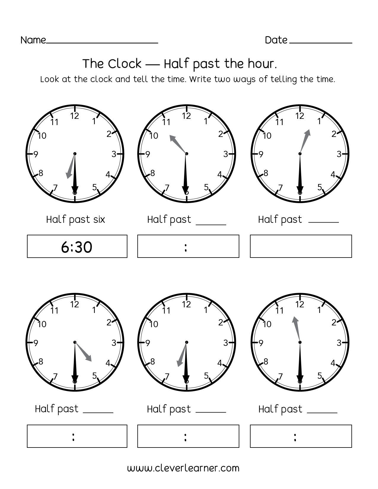 Half Past Telling Time Worksheets