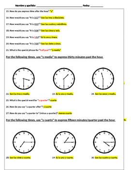 Telling Time Spanish Worksheet Answer Key