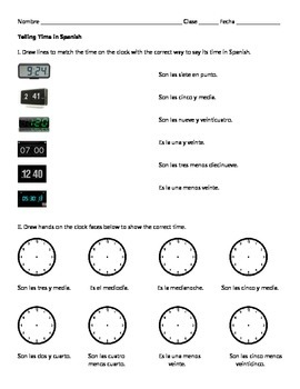 Telling Time Spanish Worksheet Answers