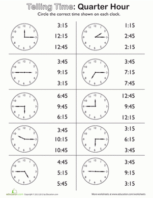 Telling Time To The Quarter Hour Worksheets With Seconds