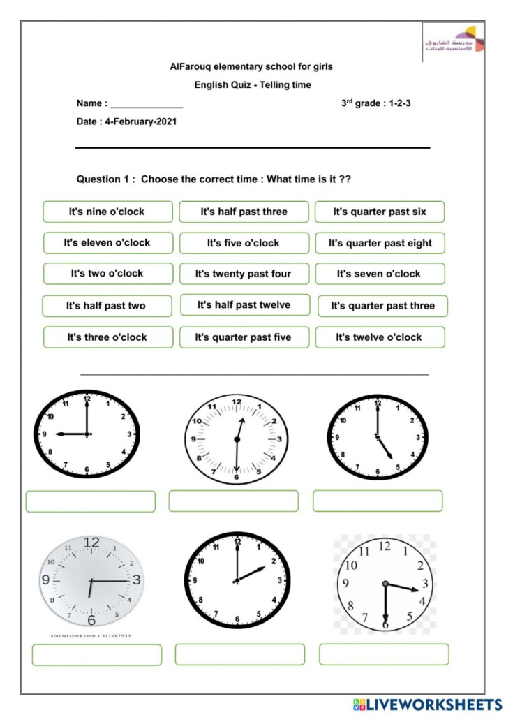 Telling Time Quiz 3rd Grade Worksheet