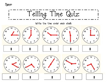 Telling Time Quiz Worksheet
