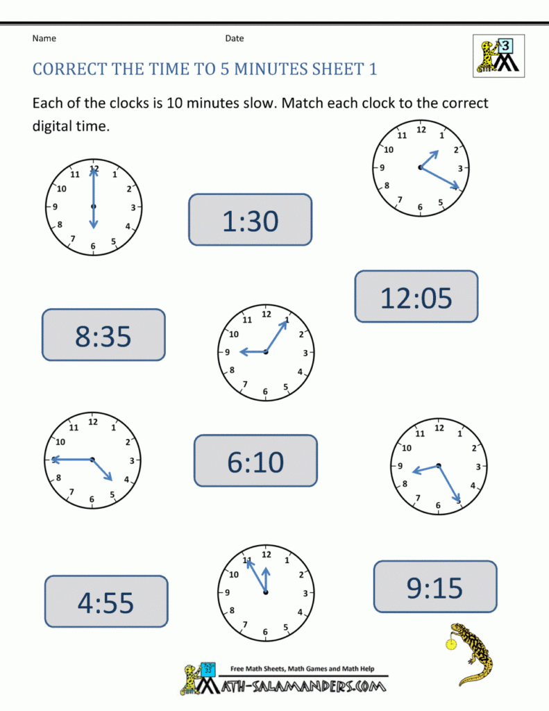 Telling Time To 5 Minutes Worksheets