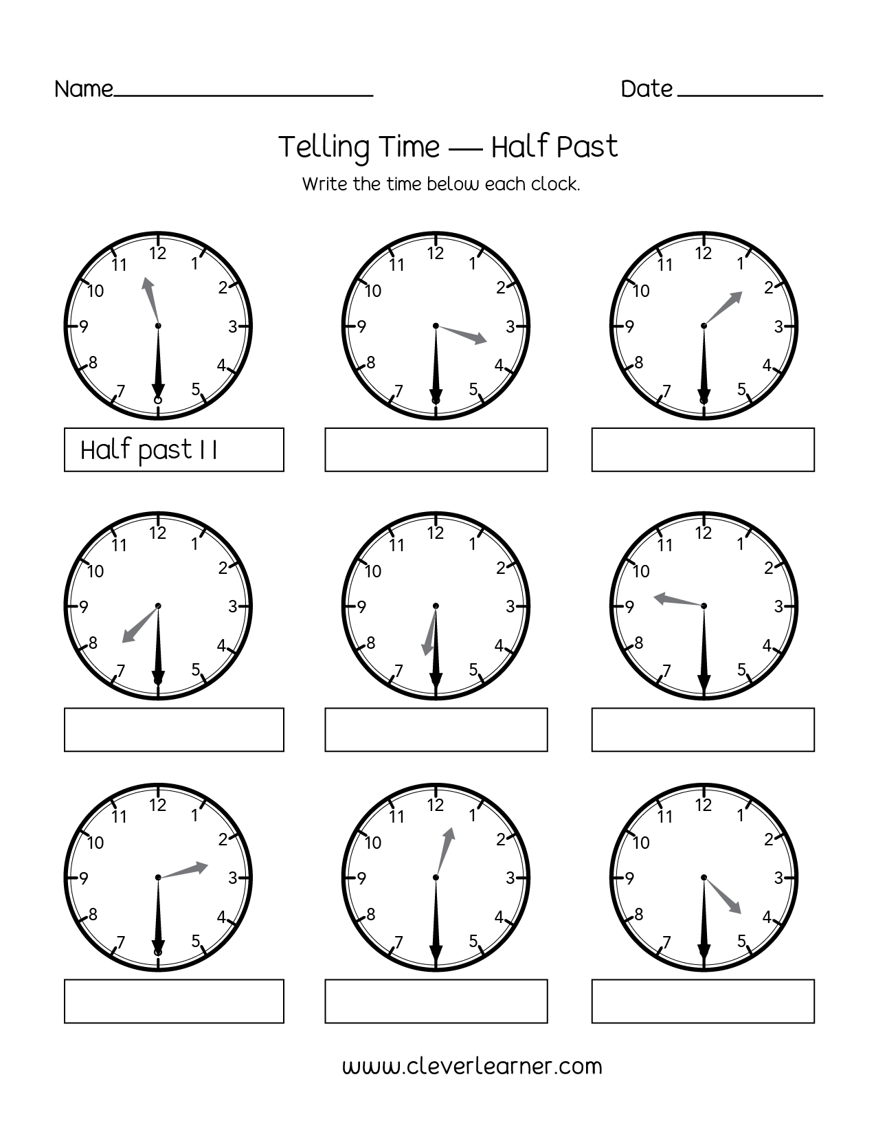 Telling Time To The Half Hour Only Worksheets