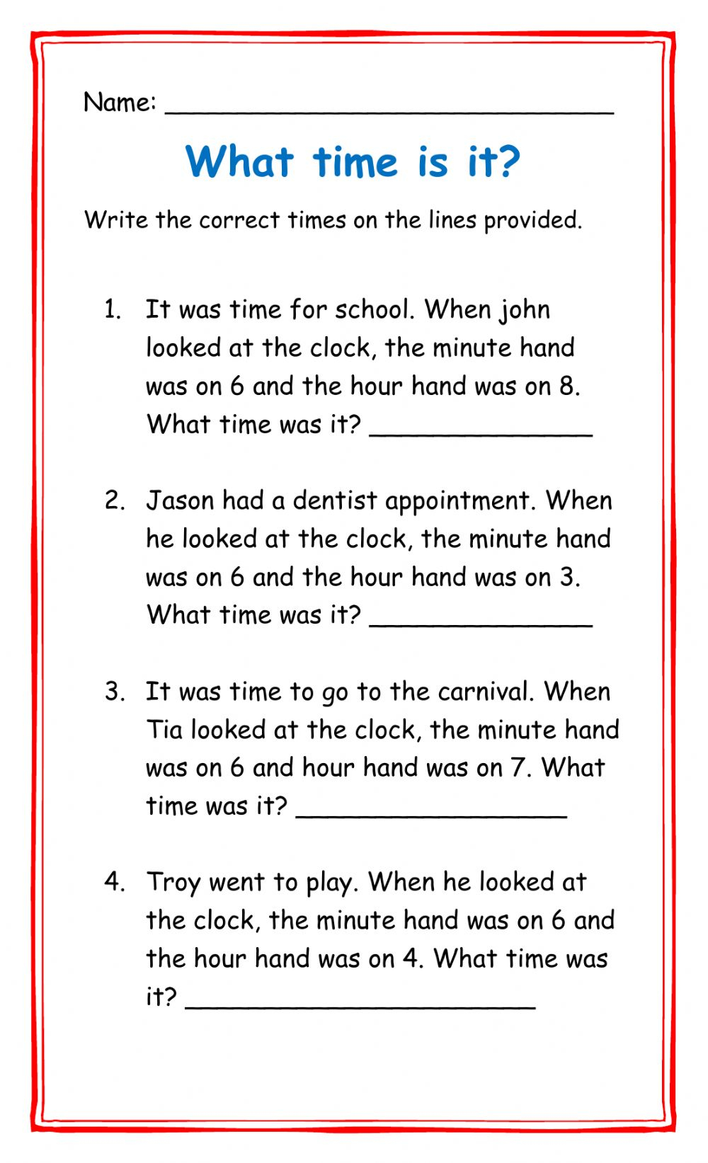 Word Problem Telling Time Worksheets