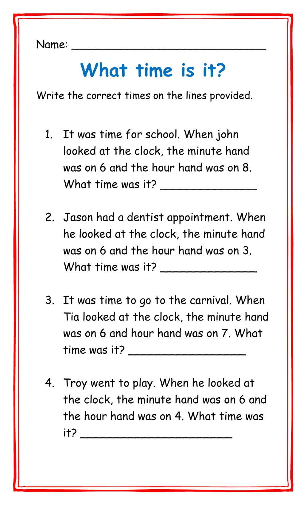 Telling Time Word Problems Worksheets