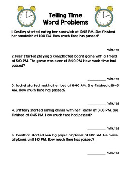 Telling Time Word Problems By MRS 2ND Teachers Pay Teachers