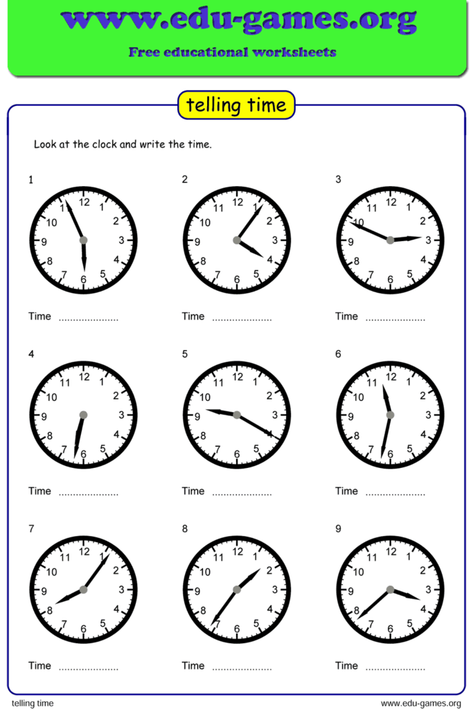 Free Clock Worksheets Telling The Time To 1 Min 1 - Telling Time Worksheets