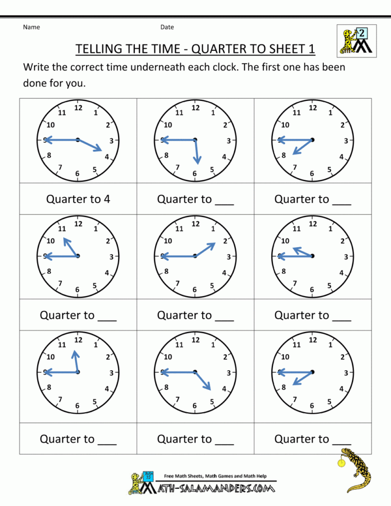 Telling Time Worksheets Telling The Time Quarter To 1 2nd Grade 