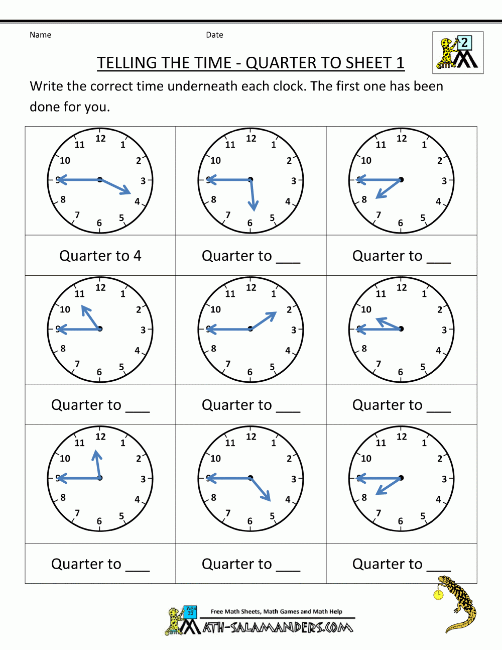 Math Worksheets Telling Time To The Quarter Hour