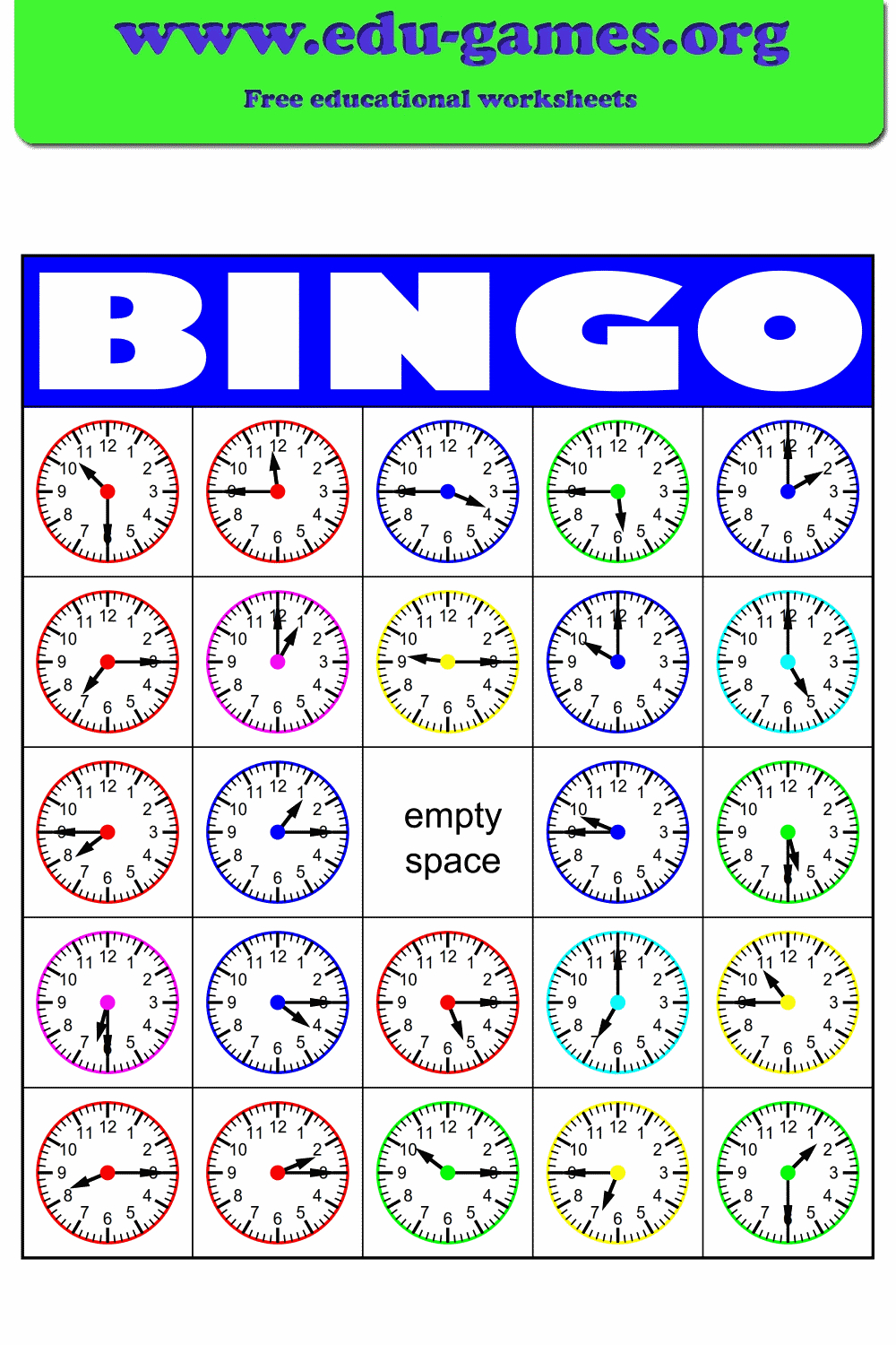 Telling The Time Bingo Cards Worksheets