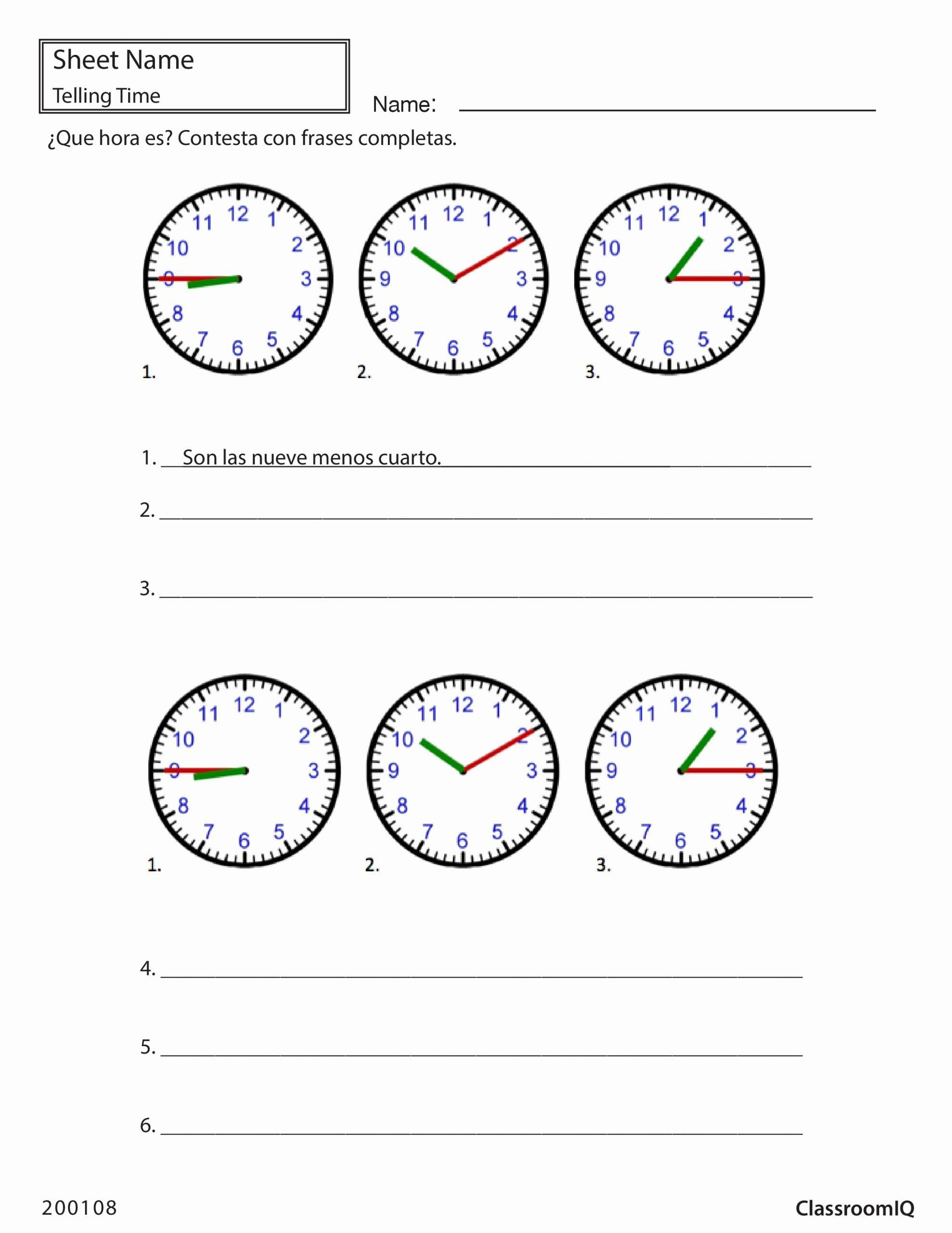 Telling Time Worksheets Espanol