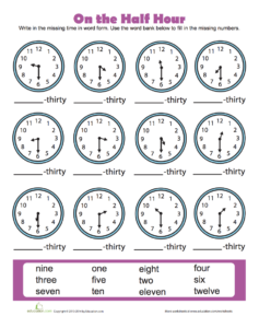 Time To The Half Hour Worksheet Education Writing Practice