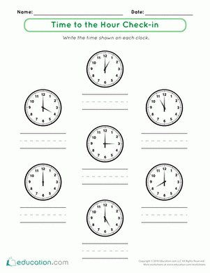 Time To The Hour Check in Worksheet Education First Grade 