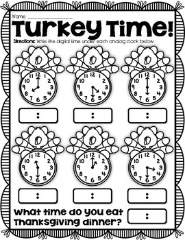 Turkey Time Time To The Hour And Half Hour Thanksgiving Worksheet