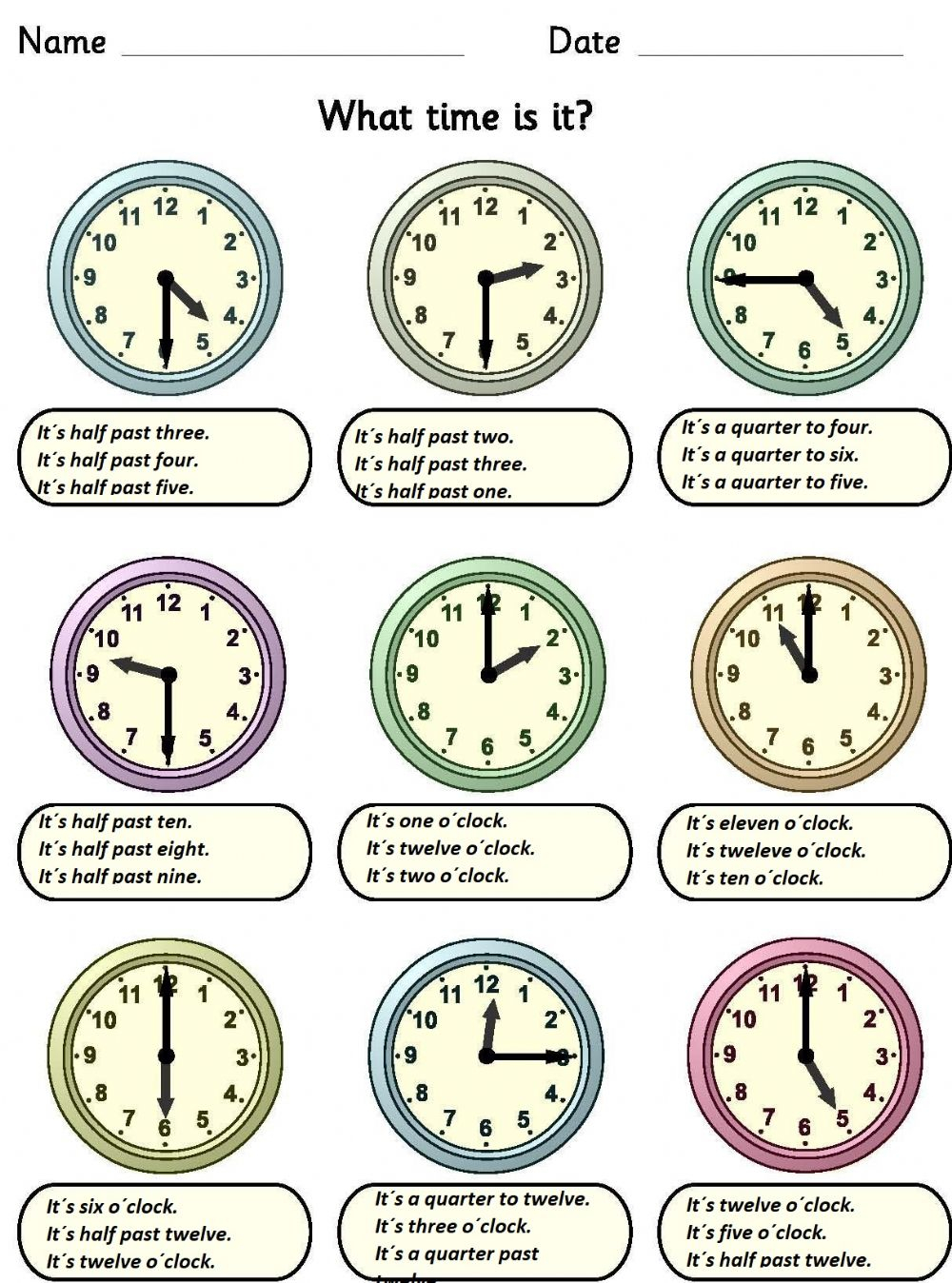 Telling Time Interactive Worksheets