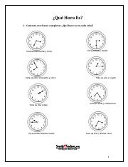 Worksheet la hora telling time in Spanish Qu Hora Es 1 Contesta Con