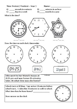 Year 3 Telling The Time Pretest By Education Central Store TpT