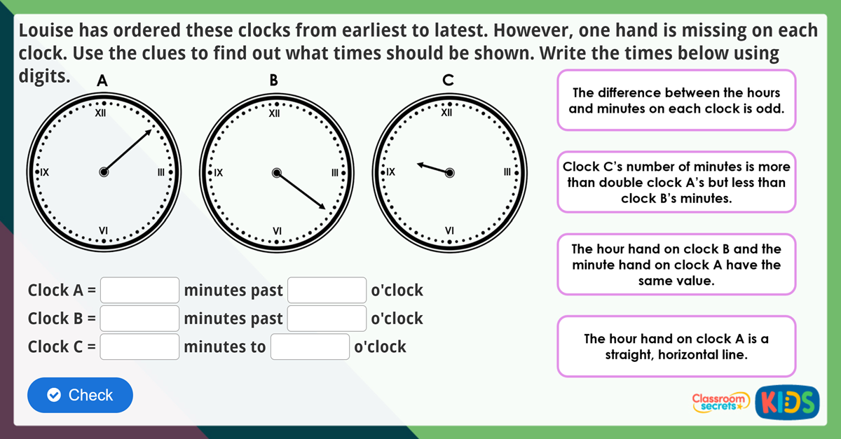 Year 3 Time To The Nearest Minute Maths Challenge Classroom Secrets Kids