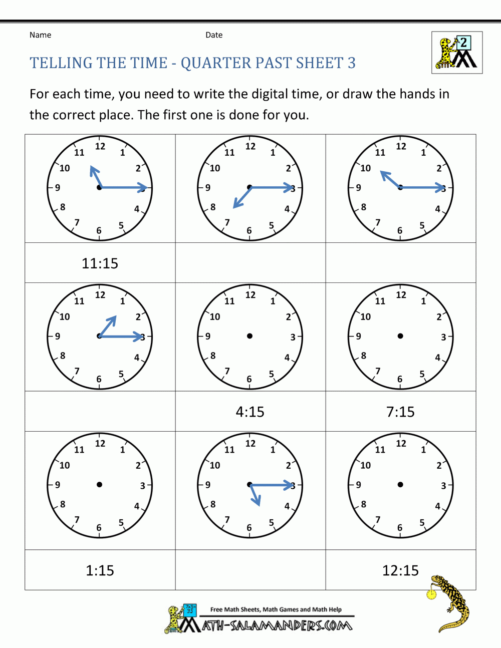 Telling Time Worksheets Year 3 Quarter Past