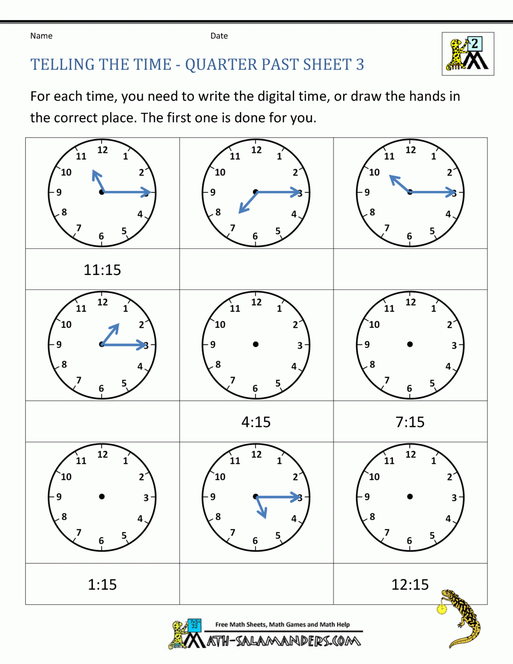 Telling Time Worksheets Quarter Past