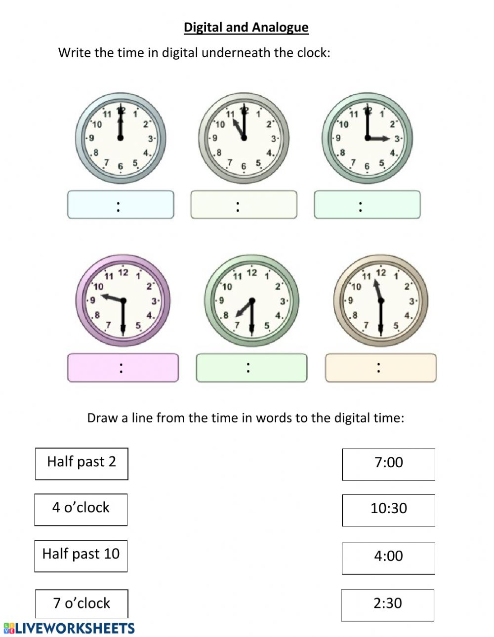 Digital To Analogue Time Worksheets