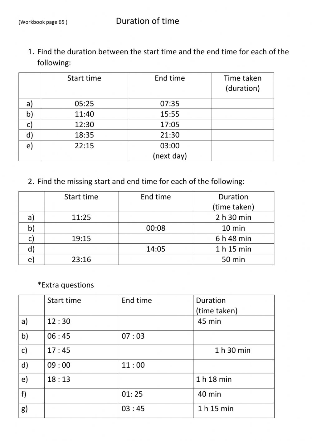 Duration Worksheets