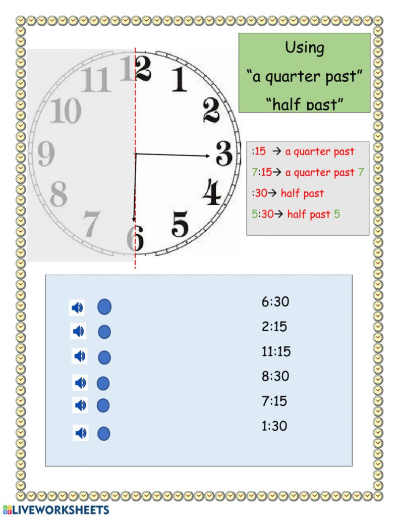 Ejercicio De Telling Clock Time With past half Past And a Quarter 