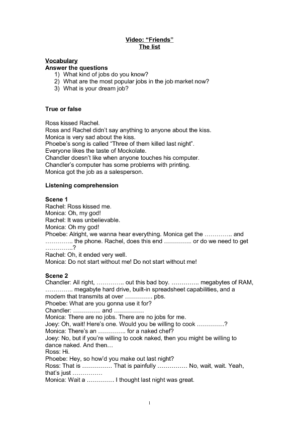 Friends Worksheet Season 2 Episode 8 The One With The List Friends 