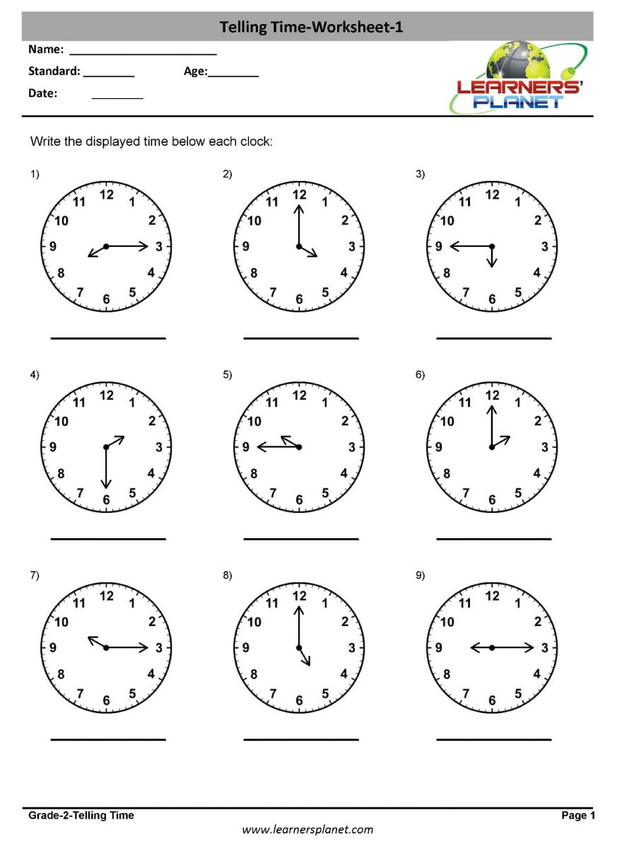 Class 2 Maths Time Worksheets