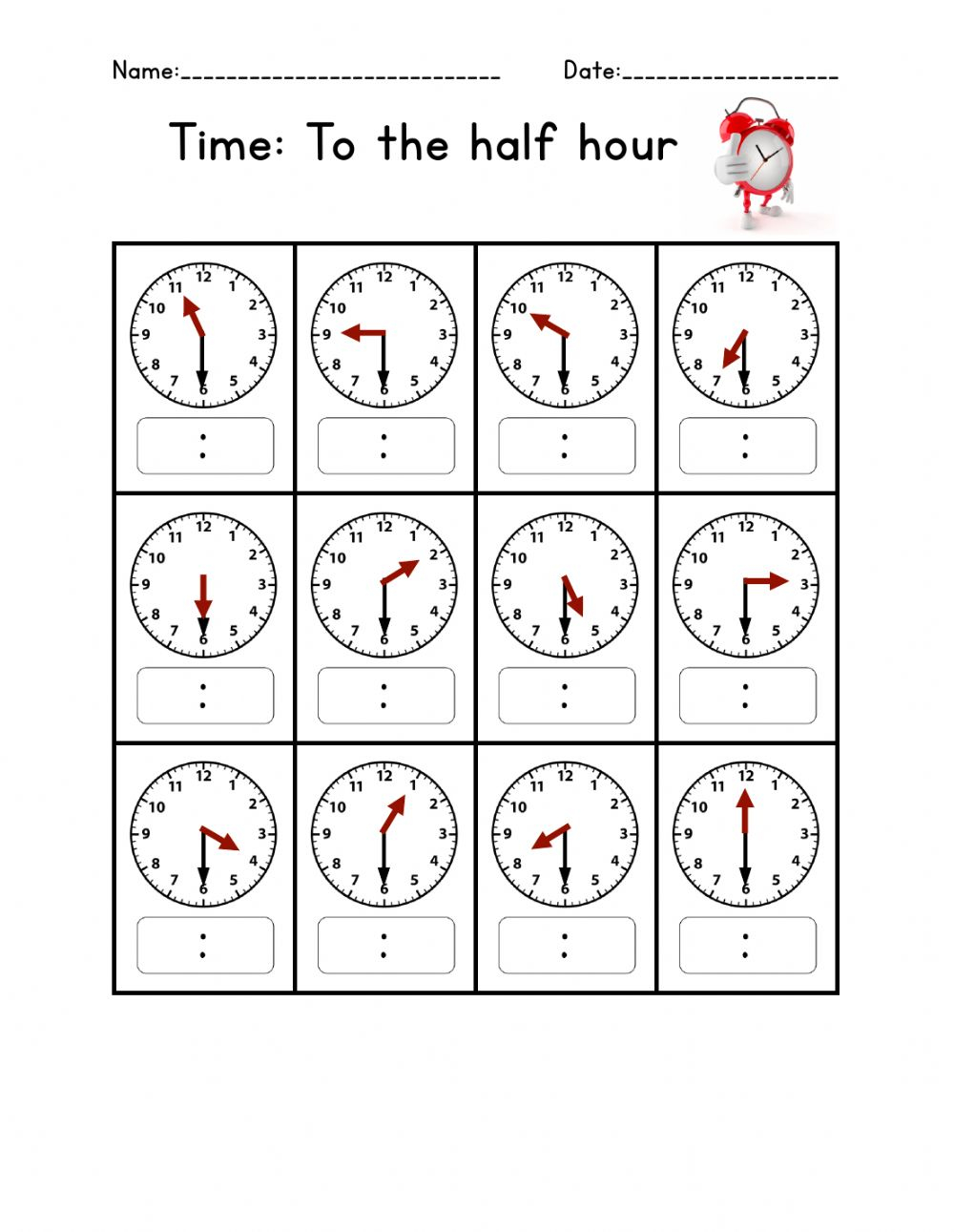 Telling Time On The Hour And Half Hour Worksheets