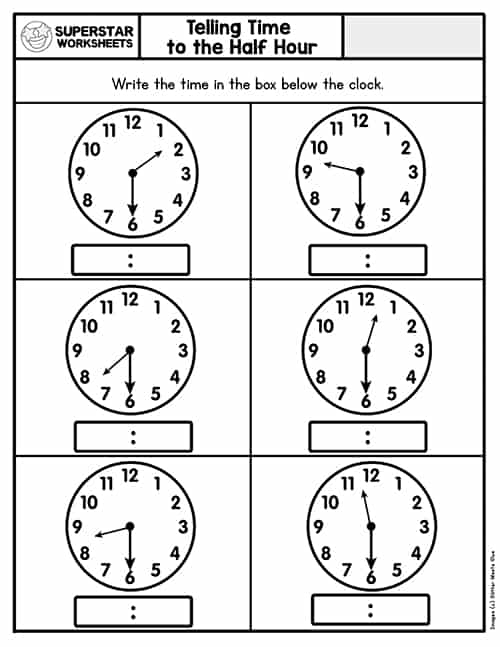 Grade 2 Telling Time Worksheets Reading A Clock Half Hours K5 Learning 