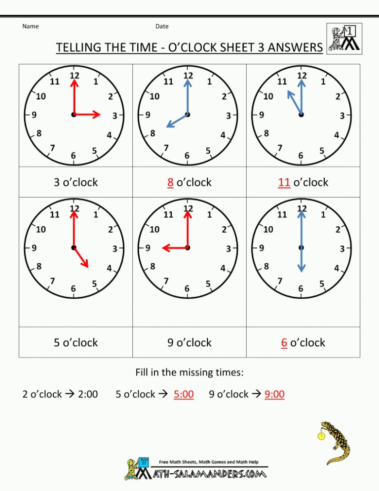 Free Clock Worksheets For Kindergarten