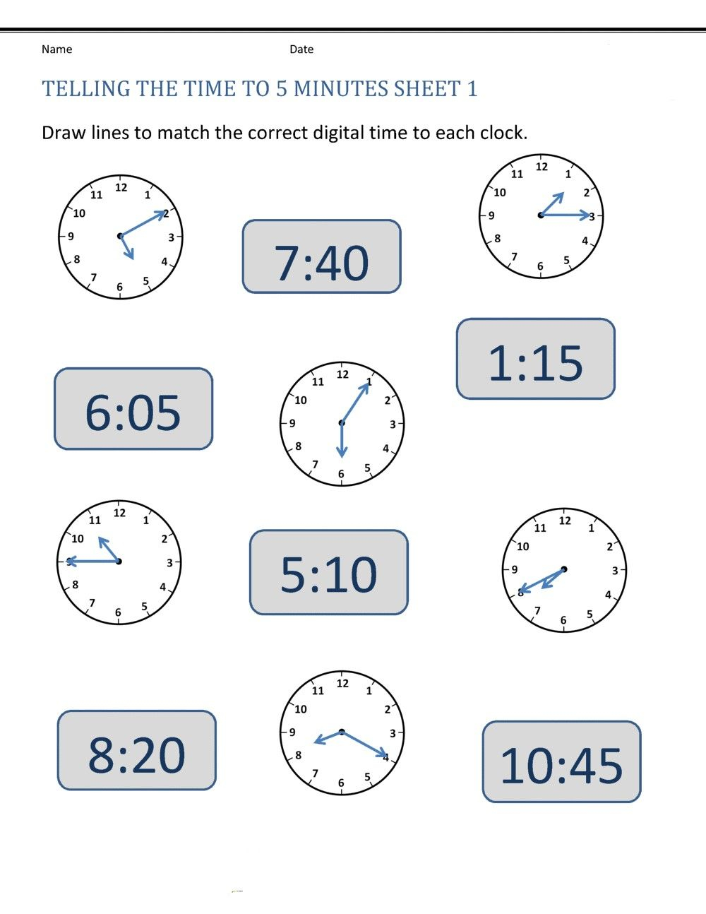 Match The Clocks Worksheet