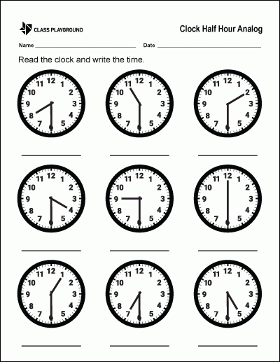 Printable Clock Half Hour Analog Class Playground