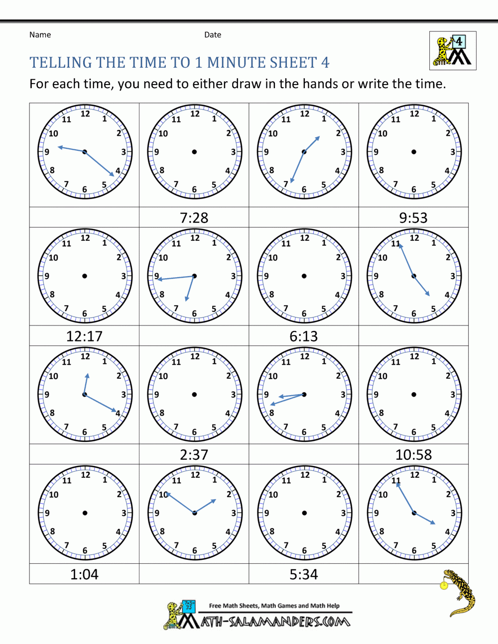 Telling The Time To 1 Minute Worksheet