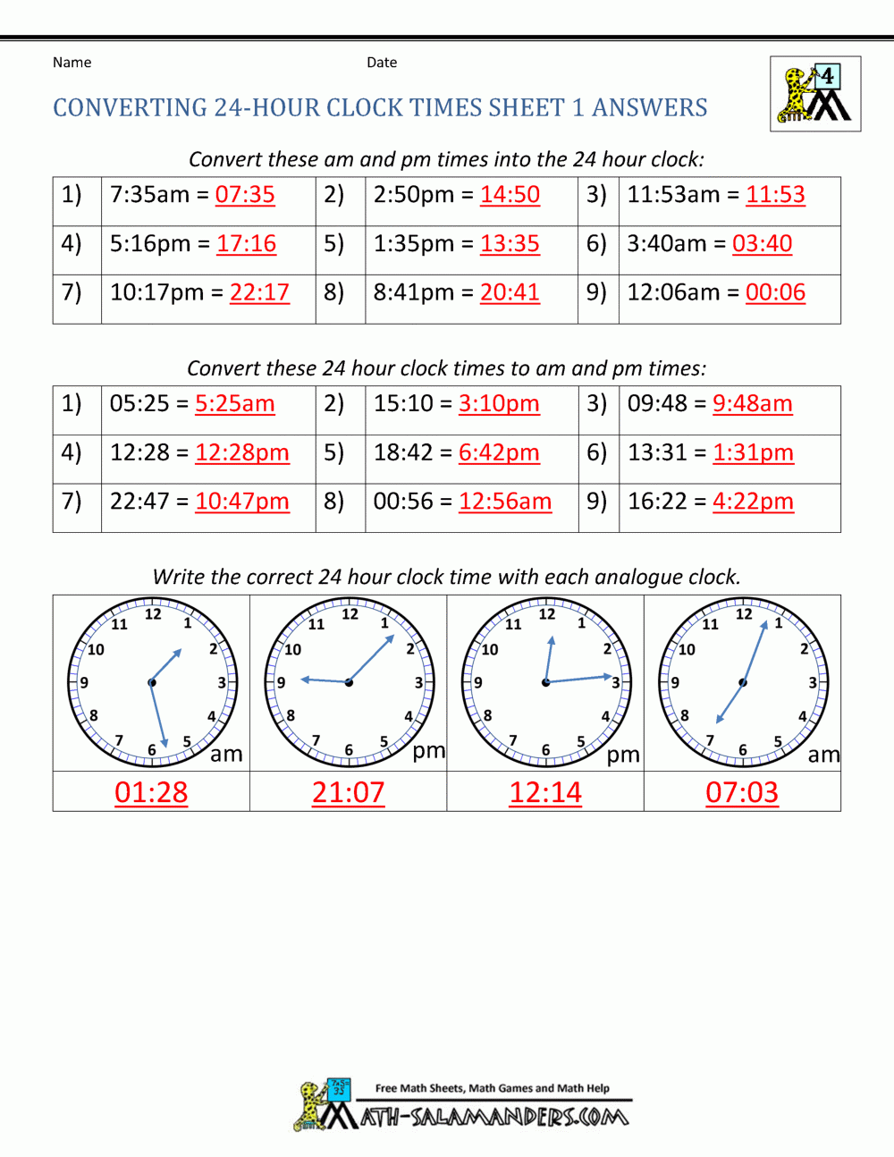 Telling 24 Hour Time Worksheets