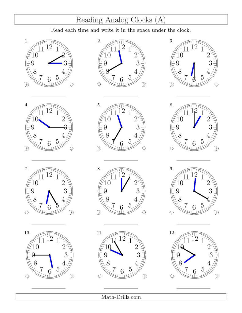 Reading 12 Hour Time On Analog Clocks In 5 Minute Intervals 12 Clocks A 