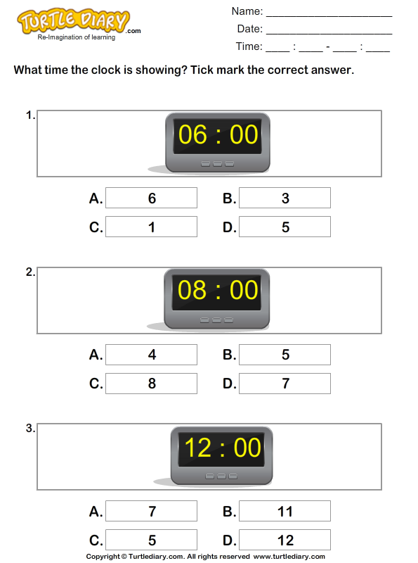 Reading Time On Digital Clocks Turtle Diary Worksheet