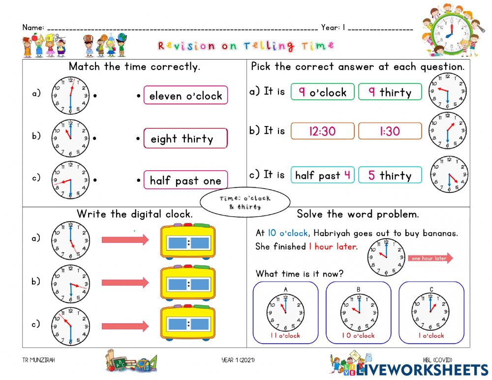 Revision On Telling Time o clock And Half Past thirty Worksheet