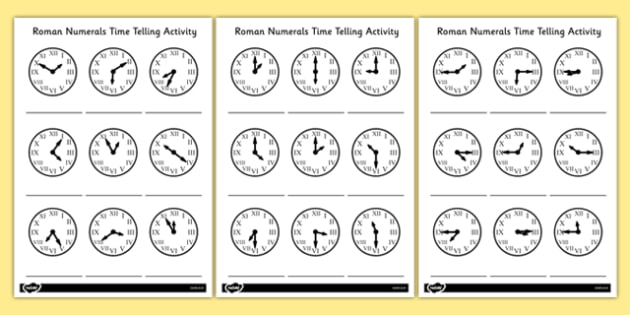 Telling Time Roman Numerals Worksheets