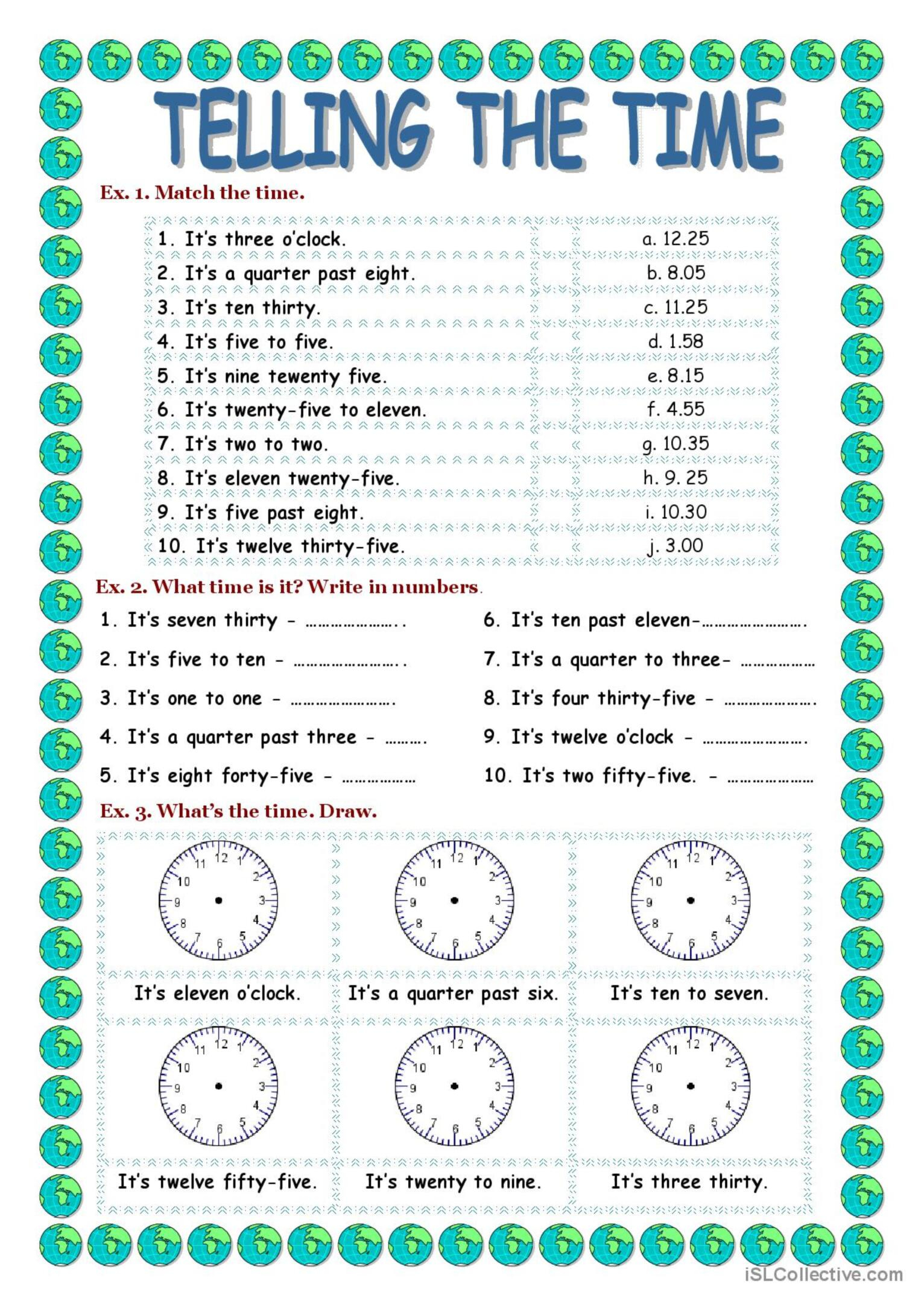 Telling The Time Worksheet For Esl