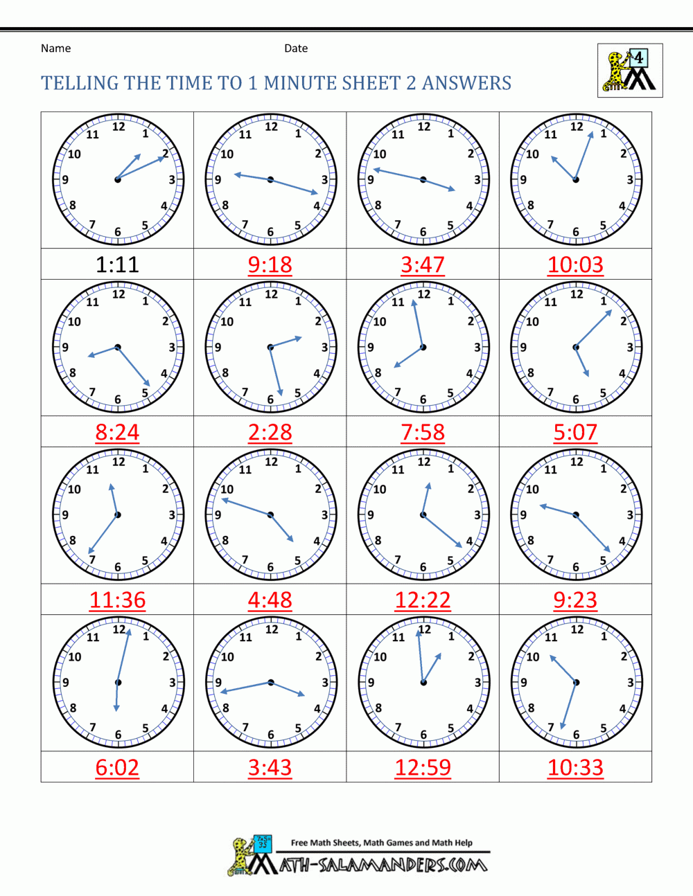 Telling Time Worksheets Year 4