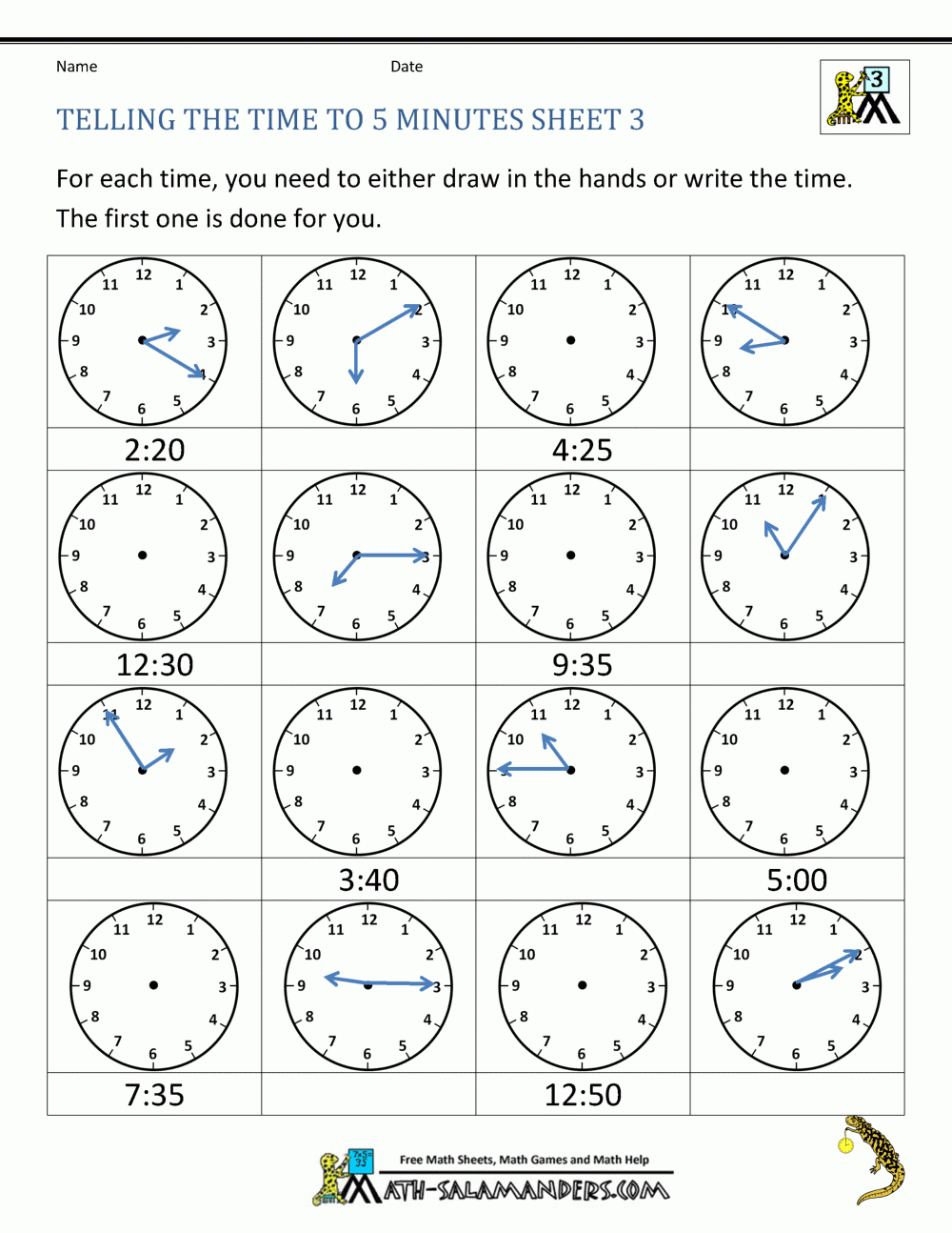 Telling Time Work Sheet
