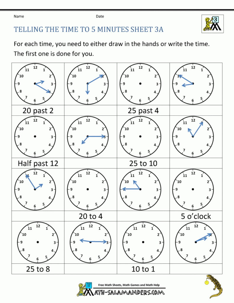 Telling Time Clock Worksheets To 5 Minutes