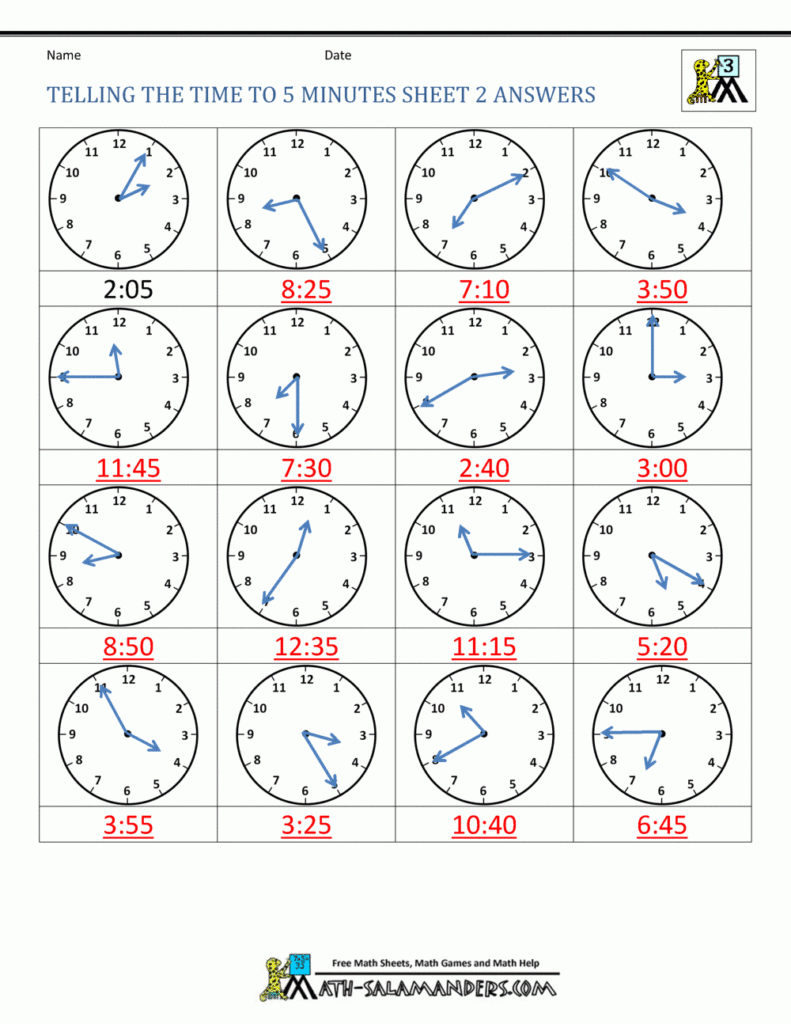 Telling Time Clock Worksheets To 5 Minutes